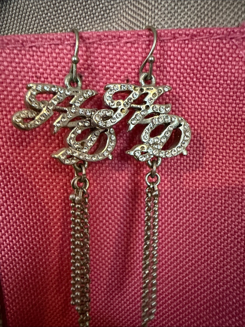 Rhinestone Script Dangle Earrings in Silver